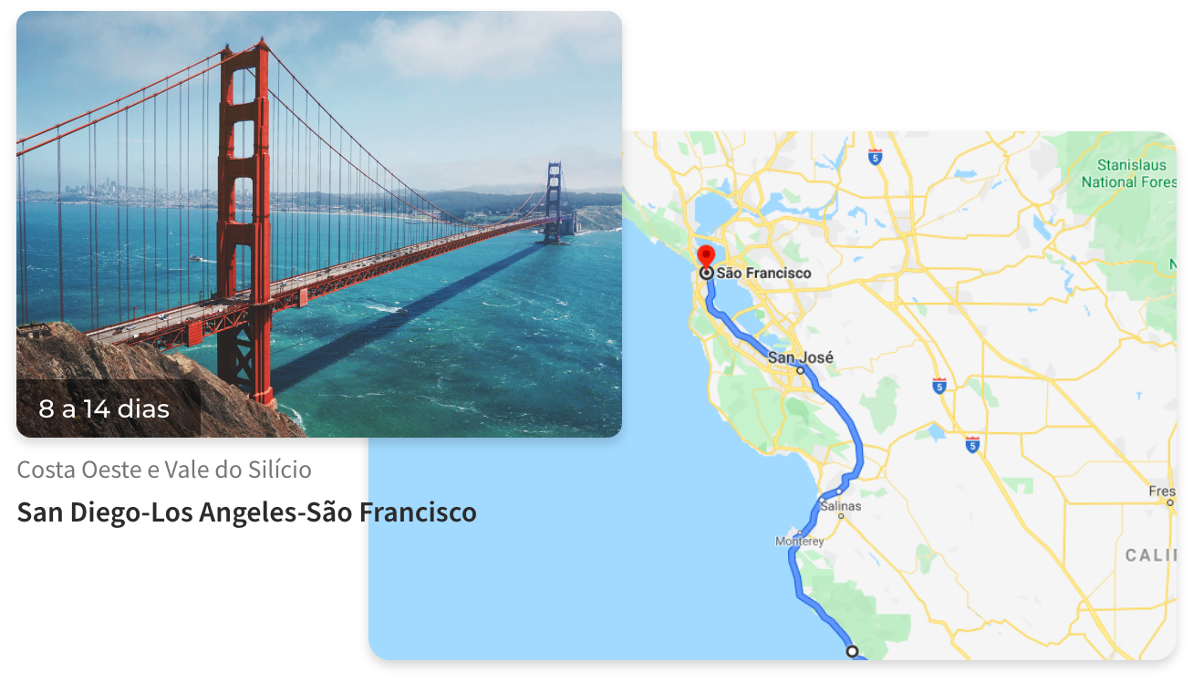 Card de roteiro Triplace — San Diego, Los Angeles e São Francisco com mapa do trajeto