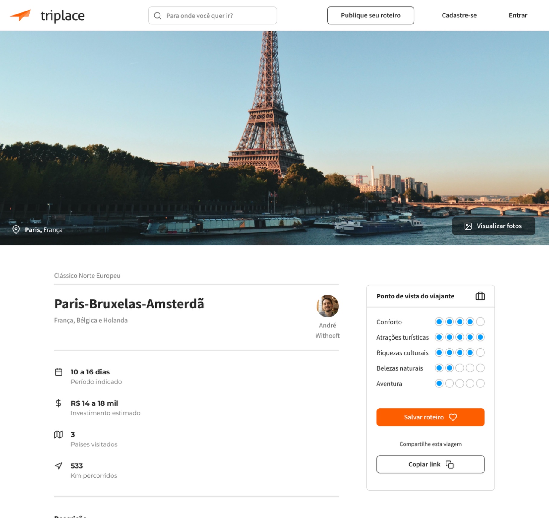 Página detalhada de um roteiro Triplace — Paris-Bruxelas-Amsterdã